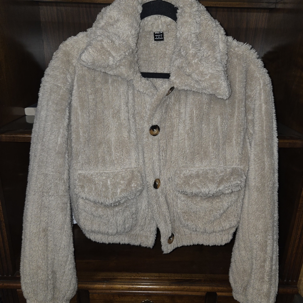 SHEIN Cream Teddy Jacket with Button Detail
